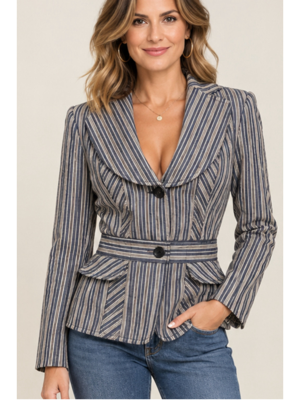 Bianca Nygard Vintage Striped Tailored Blazer Wide Shawl Lapel Waist Band 2077